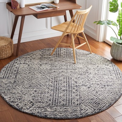 Hand-Tufted Abstract Round Wool Rug in Black/Ivory, 5' Diameter