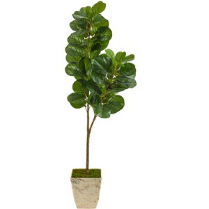 Nearly Natural 5.5-ft Fiddle leaf Fig Artificial Tree in Country White Planter - 1 of 4