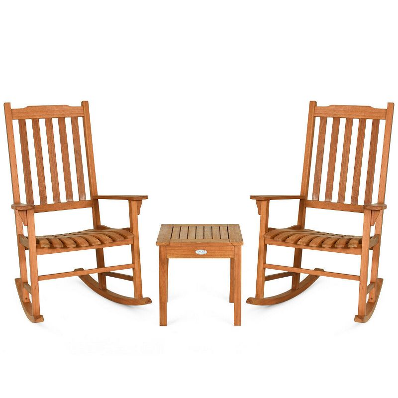 Costway 3 PCS Eucalyptus Rocking Chair Set W/ Coffee Table 2 Wood Conversation Chairs, 2 of 10