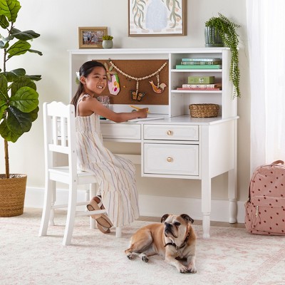 Guidecraft Avery Kids' Desk, Chair and Hutch Set - White: Girls Wooden Study Desk w/ Storage Drawers, Computer Workstation for Children, Bedroom Desk
