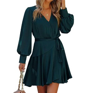 Womens Spring Dress Sexy Wrap V-Neck Ruffle Mini Dress Swing Tie Waist Flowy Cocktail Dresses - 1 of 4