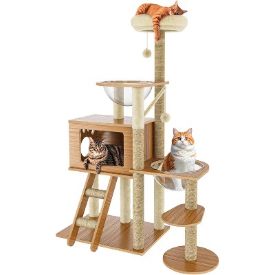 55" Wooden Multi-Level Cat Tree with Scratching Posts Condos Perching Platform Fur Balls Staircase