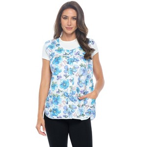Casual Nights Women's Snap Front Smock Cobbler Woven Scrub Apron with Pockets - Blue Butterfly - 3X-Large - 1 of 4