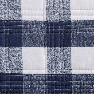 Twin White and Indigo Cotton Reversible Plaid Quilt Set