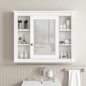 35" Wall Mounted Bathroom Medicine Cabinet with Mirror, Modern Storage Cabinet with Concealed Door & 6 Open Shelves, Adjustable Organizer - 1 of 4