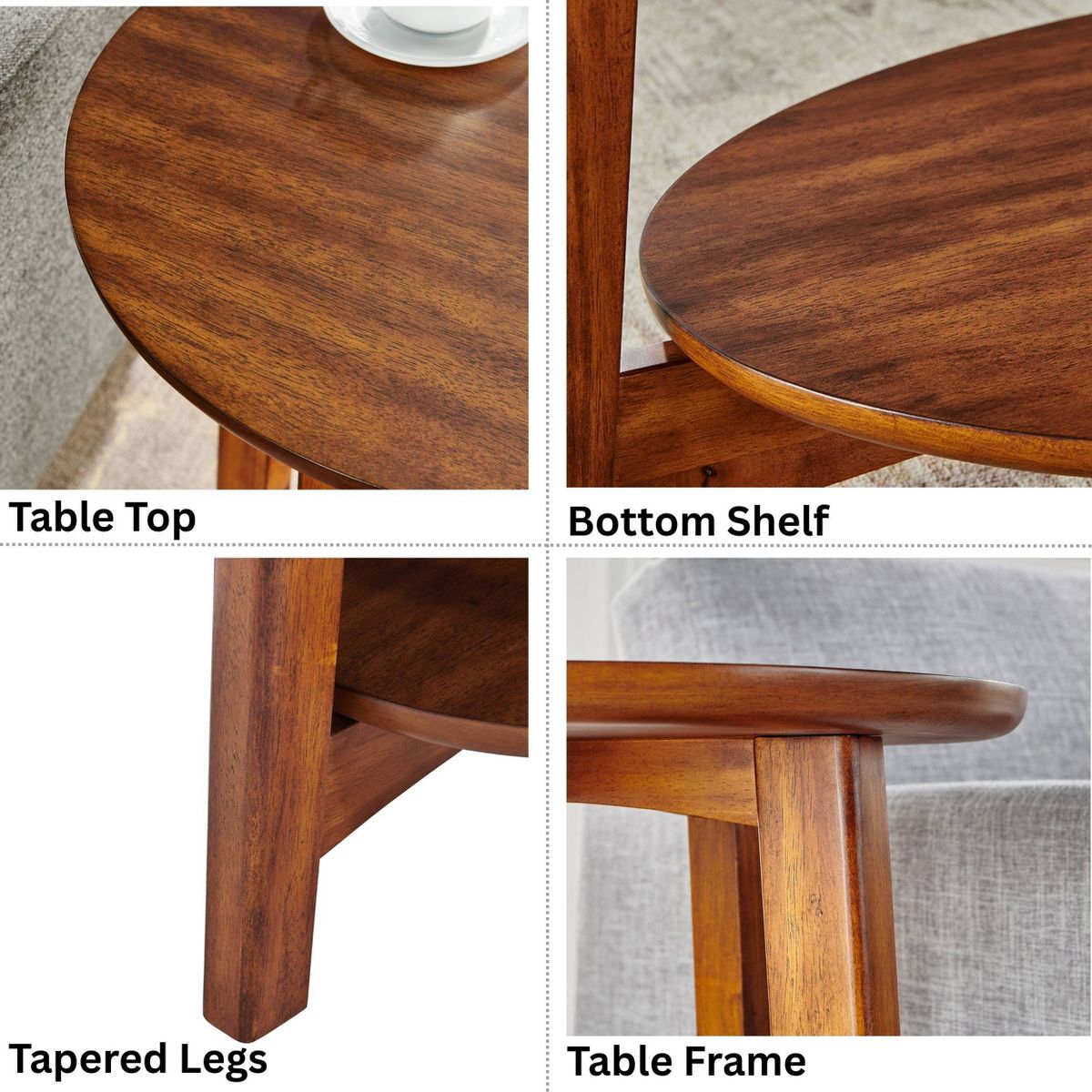 Monterey Round Mid Century Modern Wood End Table Chestnut - Alaterre Furniture: Tapered Legs, Floating Shelf - thumbnail 5