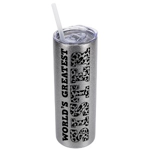 Elanze Designs Leopard Pattern Silvertone Sparkle 20 Ounce Double Wall Stainless Steel Glitter Travel Tumbler With Sliding Lid And Straw, World's - 1 of 4