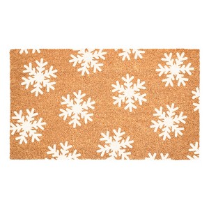 HomeRoots 17" X 29" Brown And White Christmas Snowflake Outdoor Coir Door Mat - 1 of 4