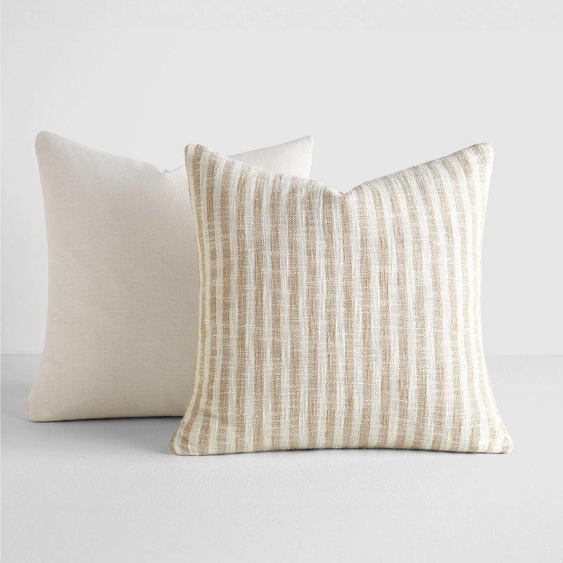 2-Pack Yarn-Dyed Patterns Natural Throw Pillows in Yarn-Dyed Bengal Stripe & Solid - Becky Cameron, Natural Yarn-Dyed Bengal Stripe / Solid, 20 x 20, 1 of 9