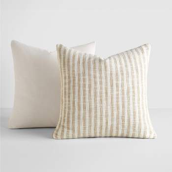 2-Pack Yarn-Dyed Patterns Natural Throw Pillows in Yarn-Dyed Bengal Stripe & Solid - Becky Cameron, Natural Yarn-Dyed Bengal Stripe / Solid, 20 x 20