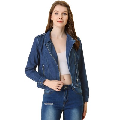Allegra K Women's Notched Collar Zip Closure Biker Motocycle Denim Jacket