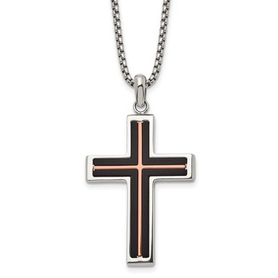 Black Bow Jewelry Stainless Steel Black & Rose Tone Plated Cross Necklace, 24 Inch