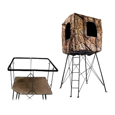 Muddy 12 Foot Quad Pod Ladder Stand with Large 57" x 57" Platform and Hunting Blind, Hunting Gear Deer Blind with 4 Windows, Epic Camo