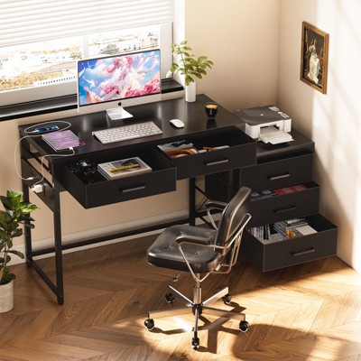 Aheaplus Computer Desk with 5 Drawers, Corner Home Office Desk with Filing Cabinet, Charging Station