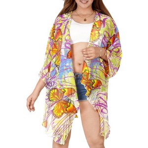 LA LEELA Women's Open Front Summer Vacation Holiday Wear Beach Loose Casual Beachwear Cover Top Dress Duster L-XL Butterfly, Violet - 1 of 4