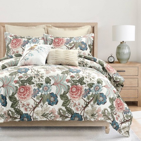 Lush Decor Lush Décor 7pc Full/Queen Sydney Comforter Bedding Set Green/Blue: Reversible Floral Vintage Microfiber with Decorative Pillows