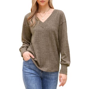 INSPIRE CHIC Women's Long Lantern Sleeve V Neck Lightweight Casual Sweater - 1 of 4