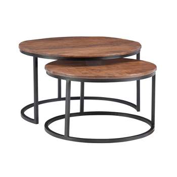 Woodruff Mixed Material Hand Carved Wood and Metal Round Nesting Coffee Table Brown - Powell
