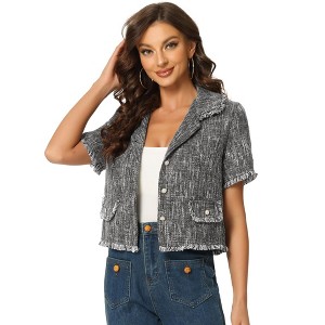 INSPIRE CHIC Women's Tweed Cropped Length Summer Short Sleeve Shirt with Tassel - 1 of 4