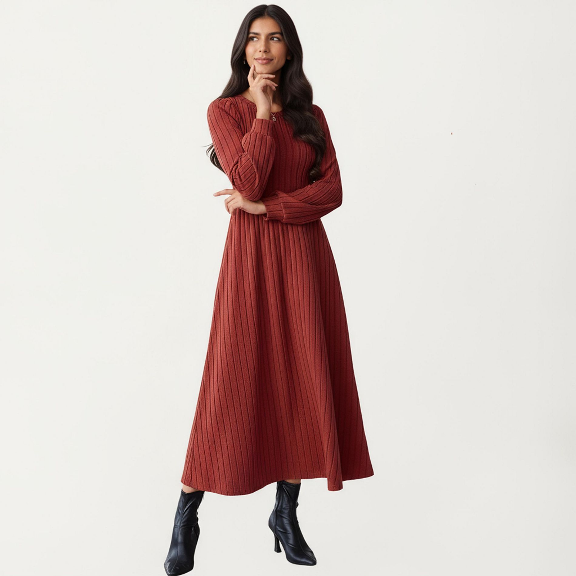 Anna-Kaci Women's Long Sleeve Pleated Maxi Dress with Fitted Bodice and Flowing Skirt Design