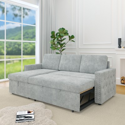 85"W 3 Seater Chenille Upholstered Sleeper Sofa with Storage Chaise, Square Handrail with Pull and Copper Nail, 4Q -ModernLuxe
