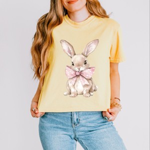 Bunny Watercolor With Bow - Women's Boxy Crop Top Graphic T-Shirt - 1 of 4