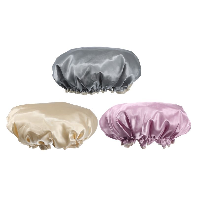 Unique Bargains Women's 2 Layers Waterproof Shower Elastic Hair Caps Pink Champagne Gray 3 Pcs, 1 of 7