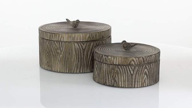 Set of 2 Round Antique Bronze Metal Boxes with Bird Handled Lid - Olivia &#38; May, 2 of 8, play video