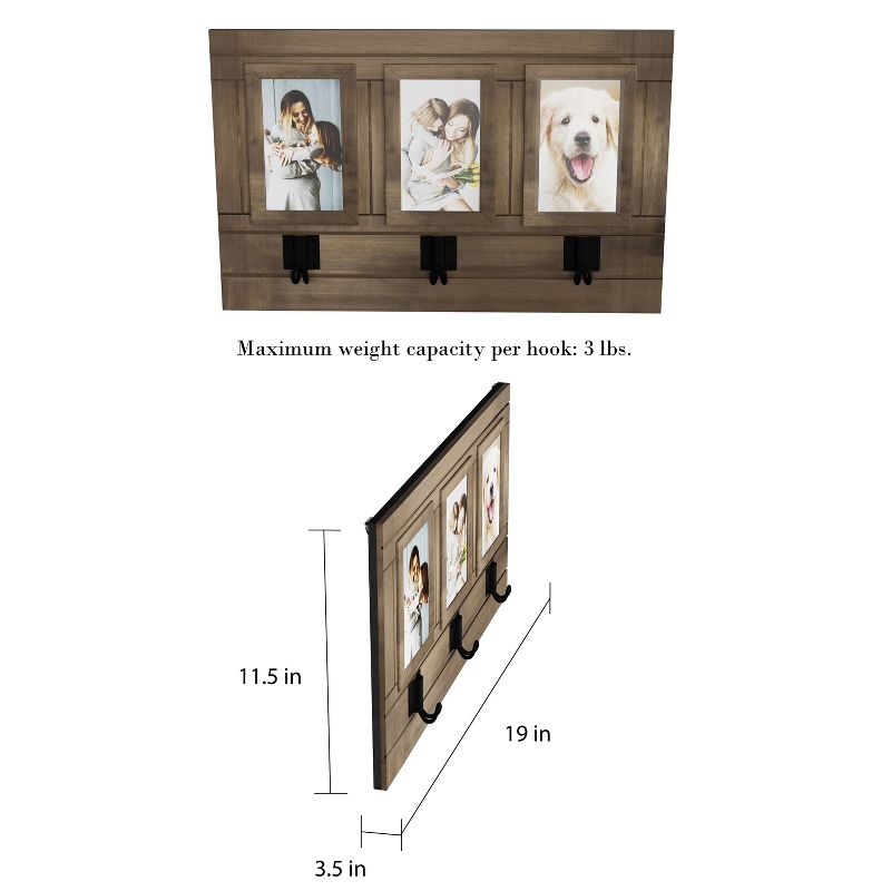 Wall Picture Collage with 3 Hanging Hooks- Wall Mounted Photo Frame Decor with Rustic Wood Look, Holds 4x6 Pictures By Hastings Home, 3 of 9