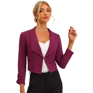INSPIRE CHIC Women's Regular Fit Notched Lapel Ruched Sleeve Business Crop Blazer - 1 of 4