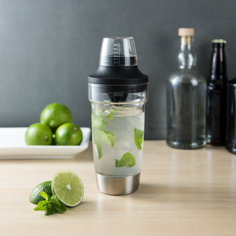 HOST All in One Cocktail Shaker Set|5 in 1 Tool - Jigger Cap|Strainer|Reamer|Stainless Steel Bottle Opener and Oz and mL Markers 18 oz Capacity, Clear, 3 of 13