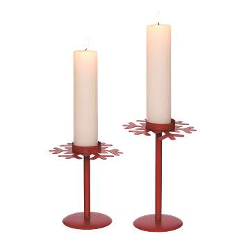 Transpac Metal 8.25 in. Red Christmas Snowflake Pedestal Candle Holder Set of 2