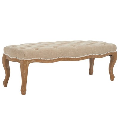 Transitional Beige Linen and Oak Tufted Bench