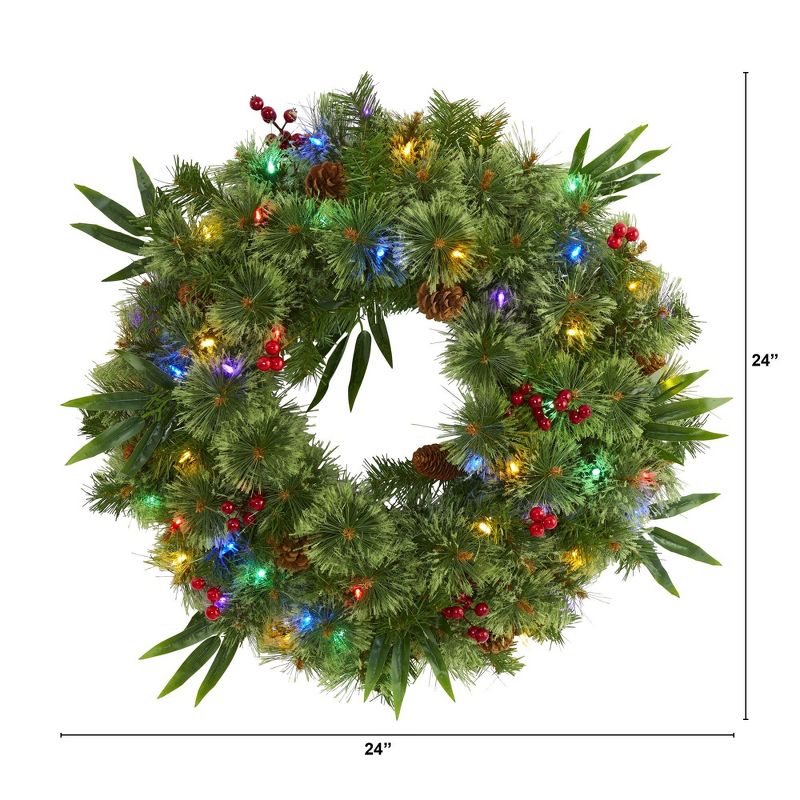 Nearly Natural 24” Mixed Pine Artificial Christmas Wreath with 50 Multicolored LED Lights, Berries and Pine Cones, 2 of 6