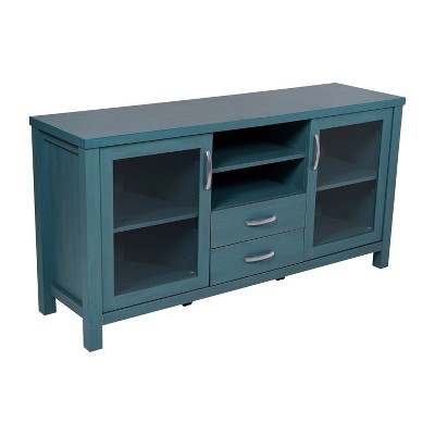 Teal Engineered Wood Buffet Sideboard with Glass Doors and Drawers