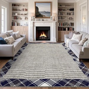 Bordered Area Rug, Machine Washable Low Pile Non-Slip Carpet, Plaid Farmhouse Indoor Rug for Living Room, Bedroom, or Nursery - 1 of 4