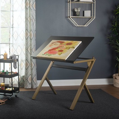 Stellar 36" Black and Gold Adjustable Drawing Table with Padded Stool