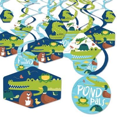  Big Dot of Happiness Pond Pals - Frog Alligator Turtle Beaver & Duck Birthday Party or Baby Shower Hanging Decor - Party Decoration Swirls - Set of 40 