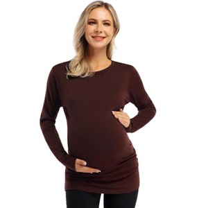 Round neck long sleeved pleated layered maternity top, non vacuum 96 # brown yellow BrownYellow_2XL - 1 of 1