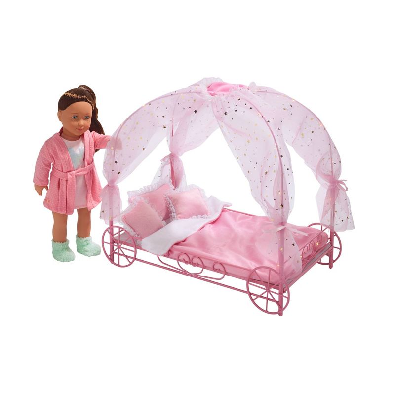 Badger Basket Royal Carriage Metal Doll Bed with Canopy Bedding and LED Lights - Pink/White/Stars, 5 of 13