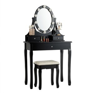 Tangkula Lighted Vanity Mirror Set Makeup Dressing Table w/ 3 Drawers Mirror & 10 LED Bulbs Black - 1 of 4