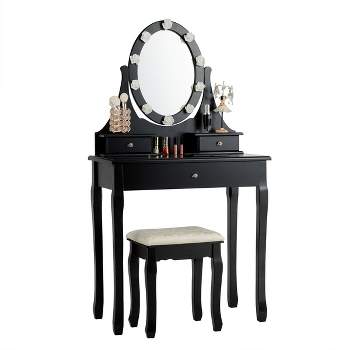 Tangkula Lighted Vanity Mirror Set Makeup Dressing Table w/ 3 Drawers Mirror & 10 LED Bulbs Black