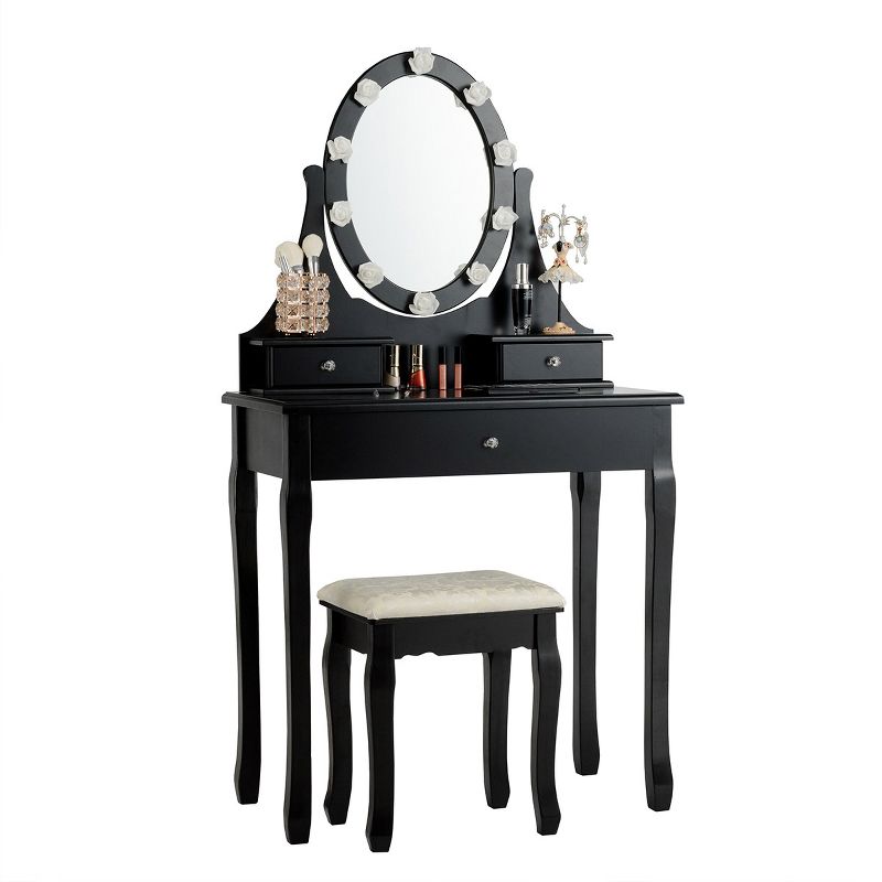 Tangkula Lighted Vanity Mirror Set Makeup Dressing Table w/ 3 Drawers Mirror & 10 LED Bulbs Black, 1 of 7
