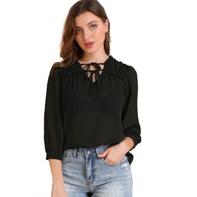 INSPIRE CHIC Women's V Neck Puff Sleeve Chiffon Blouse