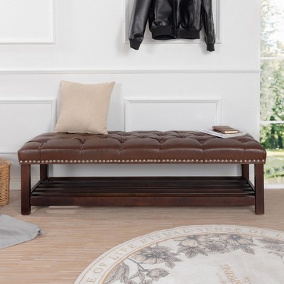 NicBex Pouf Armless Ottoman Bench, Tufted Upholstered Bench with Nailhead Trim and Shelf for Living Room, Entryway and Bedroom