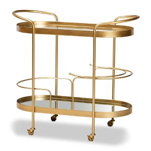 Kamal Glam Brushed Metal and Mirrored Glass 2 Tier Mobile Wine Bar Cart Gold - Baxton Studio: Elegant Serving Trolley with Wheels - 1 of 4