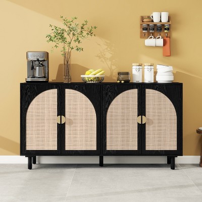 GDFStudio Barrie Modern 59" Rattan and Wood Rectangle Storage Cabinet with 4 Doors