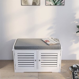 Shoe Storage Bench with Padded Seat Cushion, Entryway Bench with 2 Barn Doors-White - 1 of 4