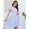 Clearlove Maternity V Neck Dot Dress Casual A-Line Short Ruffle Cap Sleeve Flowy Midi Dress Belt Photoshoot Baby Shower - 2 of 4