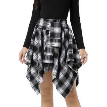Women's Halloween High Waisted Short A-line Flare Gothic Mini Black Red Plaid Pleated Skirt Dress